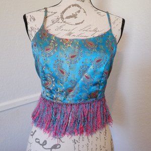 Silk Patterned Tank w/ Tassel Trim & Open Back